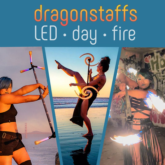 flowtoys high rollers flowkit for dragon staffs :: featuring flowtoys LED trikon dragon hubs, flowbonacci day dragon heads, and threeworlds ultra fire dragon hubs with a collapsible shaft