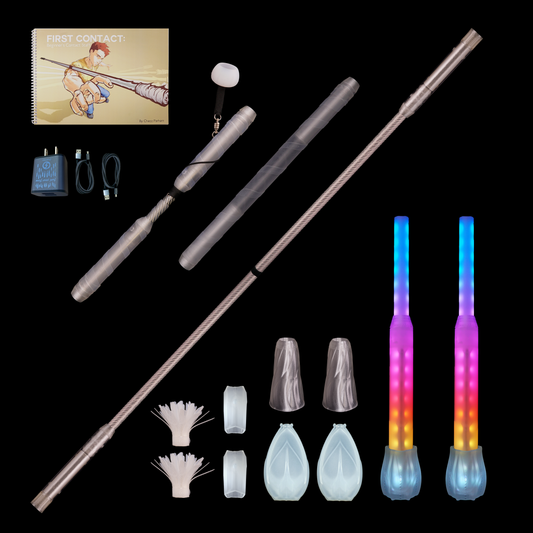 flowoys pop'n flow stick to the basics flowkit contents :: make LED leviwand, baton and contact staff with 2 full vision spokes for play, practice and performance :: modular, full spectrum, multi-pixel & rechargeable discounted bundle kit w/ lifetime warranty