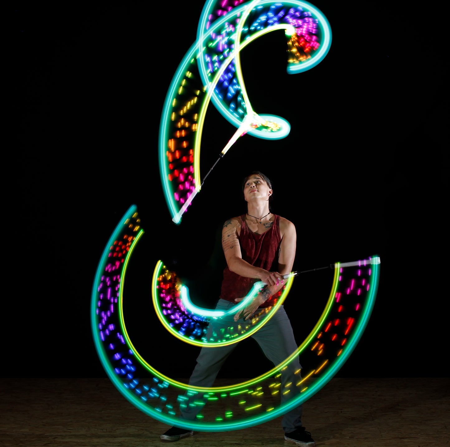flowtoys vision LED chucks in action - epic glow nunchaku for practice & performance :: rechargeable, durable, full spectrum, multi-pixel cnucks with lifetime warranty