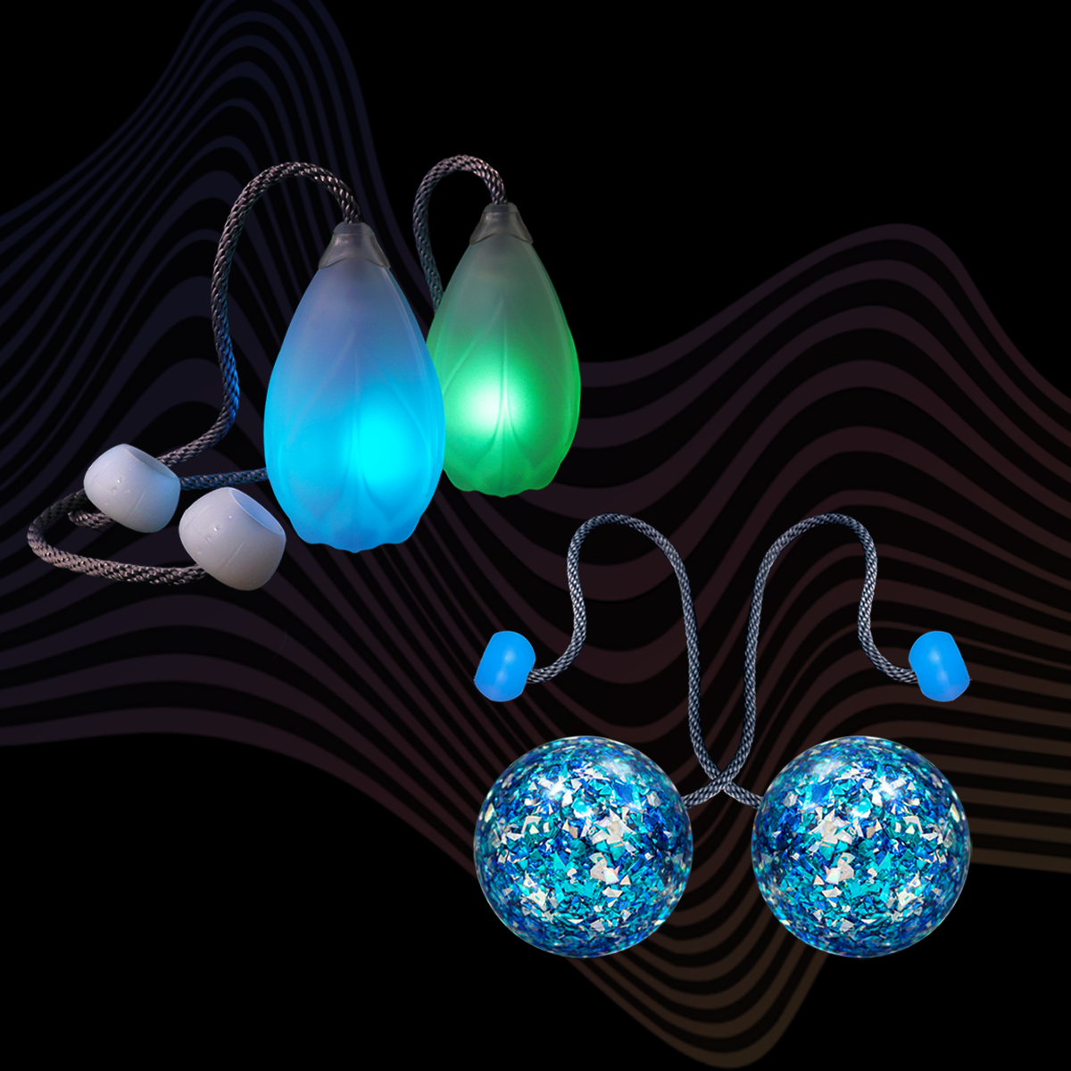 flowtoys glitter 'n glow flowkit bundle featuring LED podpoi and sparkly blue glitterbomb day  contact poi on a black background with wavy patterns