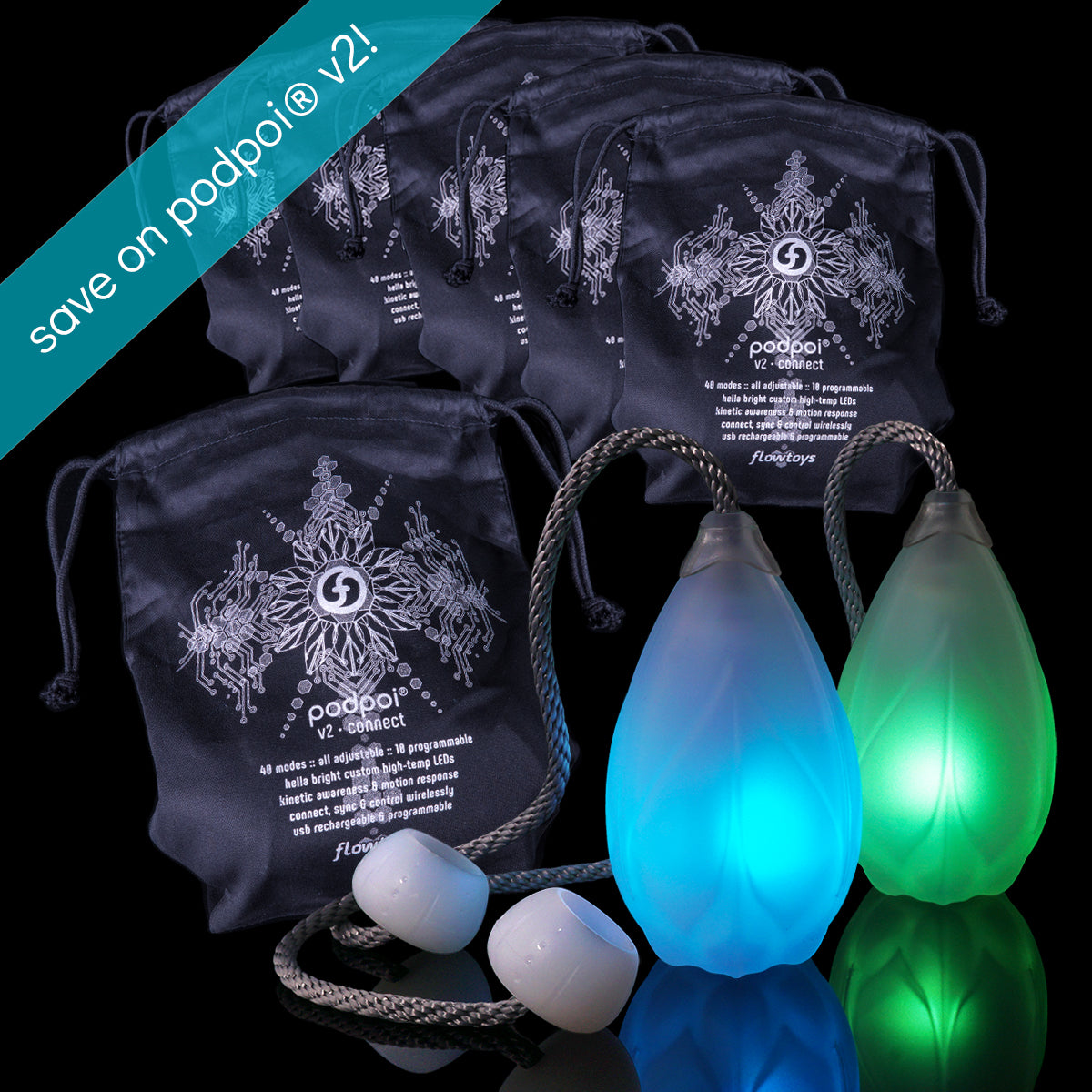 flowtoys LED podpoi discounted multipack bundle for teachers, troupes, festival vendors on black background
