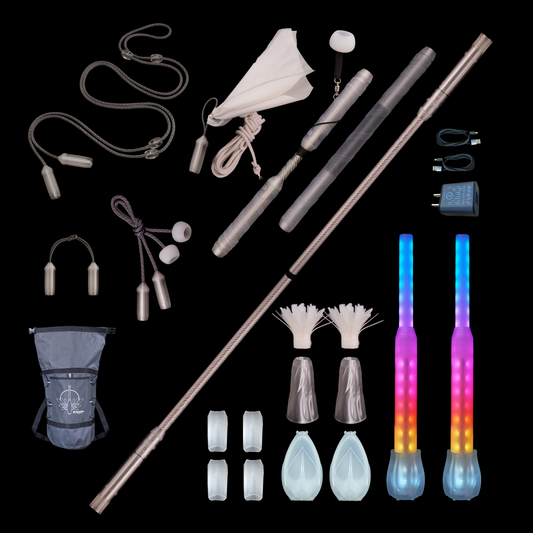 flowoys modular pop'n flow spin all the things flowkit :: make poi, oxbow meteor aka puppyhammer, nunchaku, rope dart, leviwand, baton, and contact staff with 2 full vision spokes