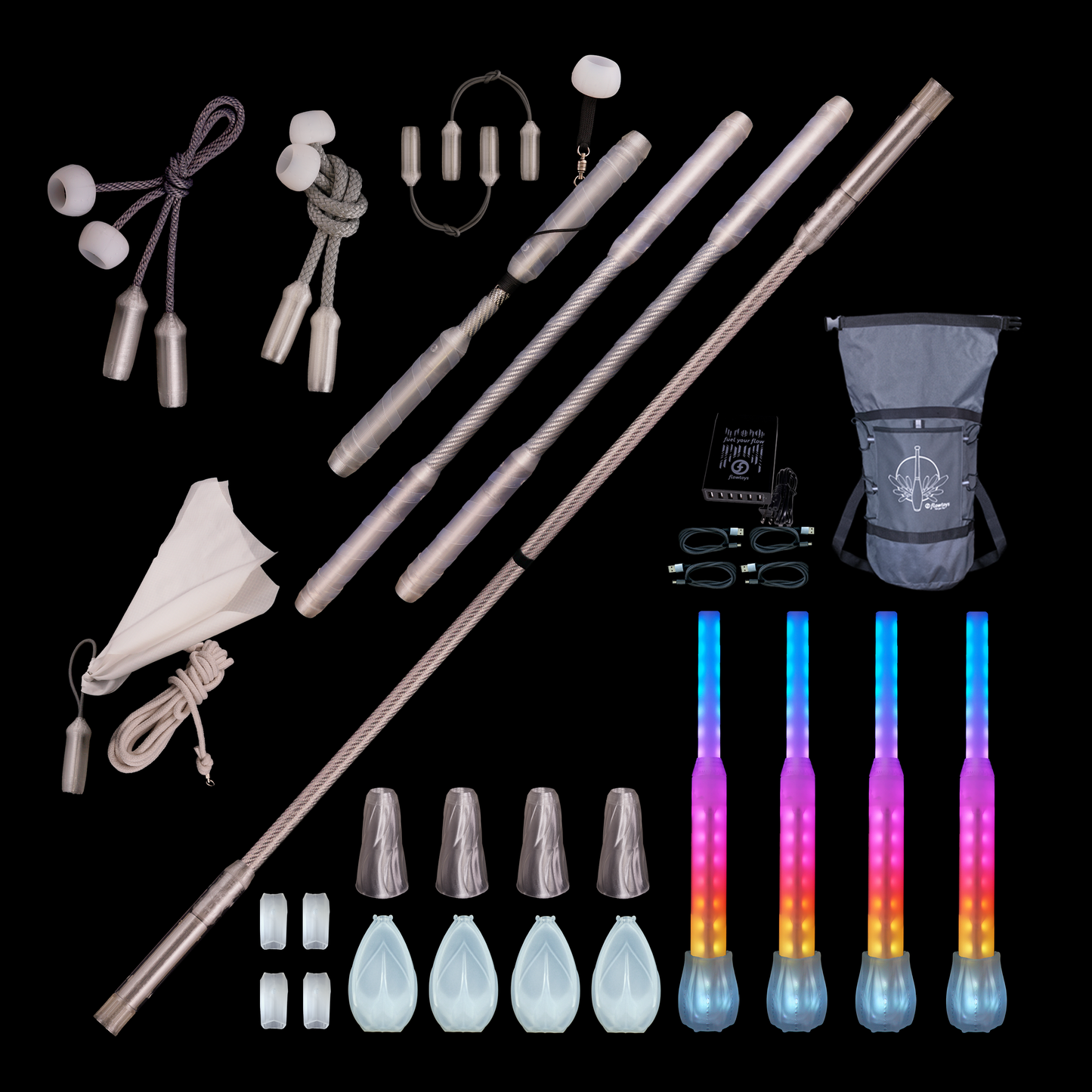 flowoys modular pop'n flow get into the flowkit :: make LED poi, nunchaku, rope dart, levitation wand, double tech staffs and contact staff with 4 full vision spokes