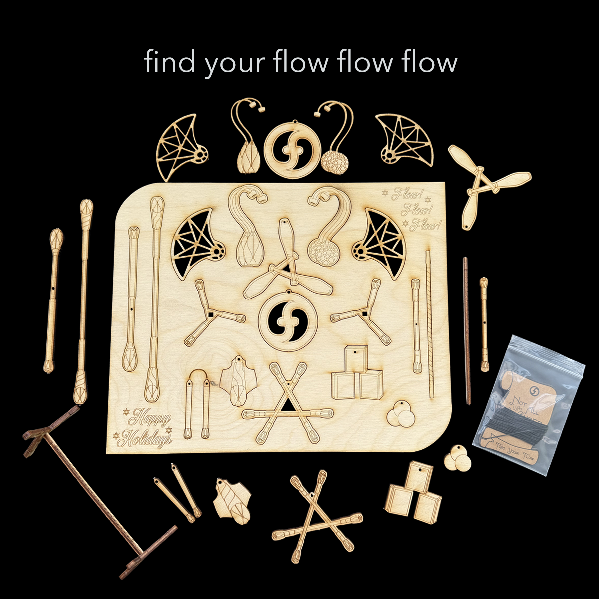 flowtoys wood lasercut holiday ornaments featuring podpoi, coral poi, vision clubs, trikon dragonstaff, juggling balls and boxes, leviwand, contact saber, dart, chucks and doodle grip fans.