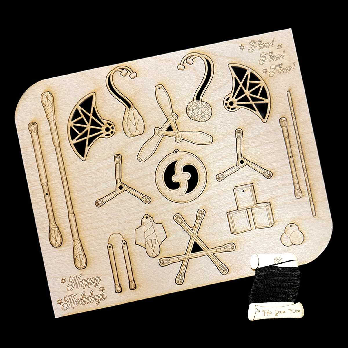 flowtoys wood lasercut holiday ornaments featuring podpoi, coral poi, vision clubs, trikon dragonstaff, juggling balls and boxes, leviwand, contact saber, dart, chucks and doodle grip fans. Comes with a string pack.