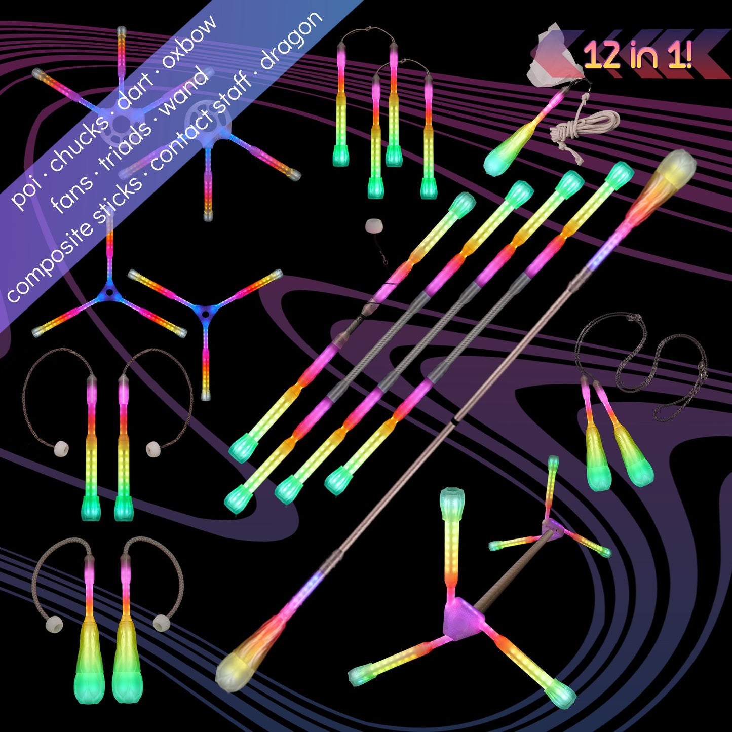 flowtoys pop'n flow spin all the things flowkit possibilities, with 6 full vision spokes for play, practice and performance :: modular, full spectrum, multi-pixel & rechargeable w/ lifetime warranty - modular pop’n flow system where LED spokes can be used with different hubs to make poi, staff, chucks, leviwand, triads, fans & more