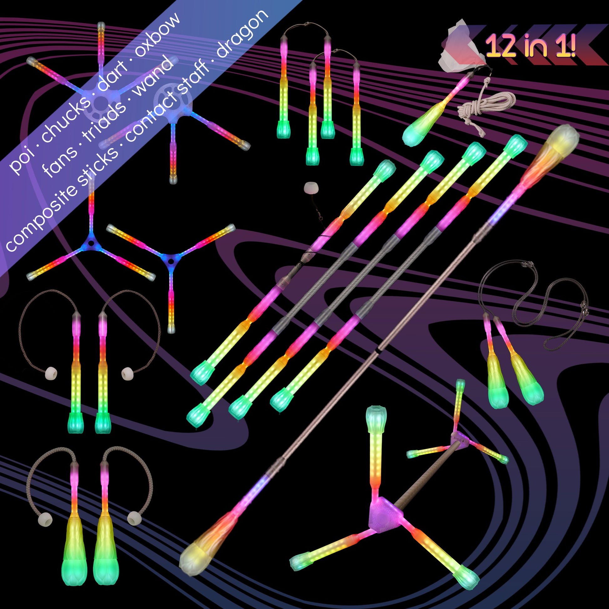 flowtoys pop'n flow spin all the things flowkit possibilities, with 6 full vision spokes for play, practice and performance :: modular, full spectrum, multi-pixel & rechargeable w/ lifetime warranty - modular pop’n flow system where LED spokes can be used with different hubs to make poi, staff, chucks, leviwand, triads, fans & more