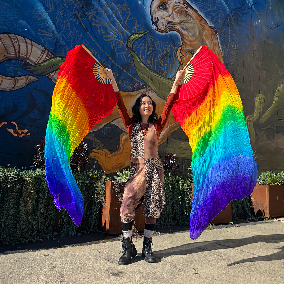 flowtoys silk fans in action - rainbow