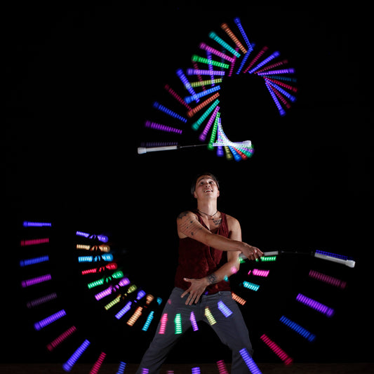 flowtoys vision LED chucks in action - epic glow nunchaku for practice & performance :: rechargeable, durable, full spectrum, multi-pixel cnucks with lifetime warranty